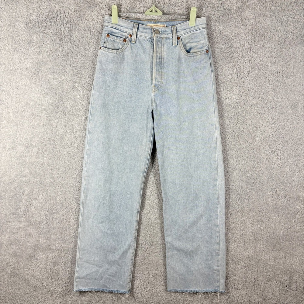 Levis Premium Ribcage Straight Ankle Fray Jeans Size 25 Light Wash Distressed